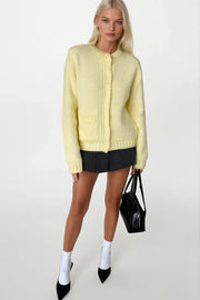 Yellow Snap-Button Knit Cardigan with Single Pocket