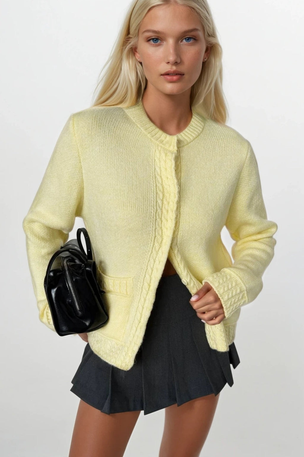 Single Pocket Snap-Button Yellow Knit Cardigan