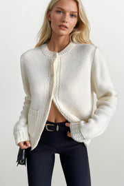 Ecru Knitted Cardigan with Single Pocket and Snaps