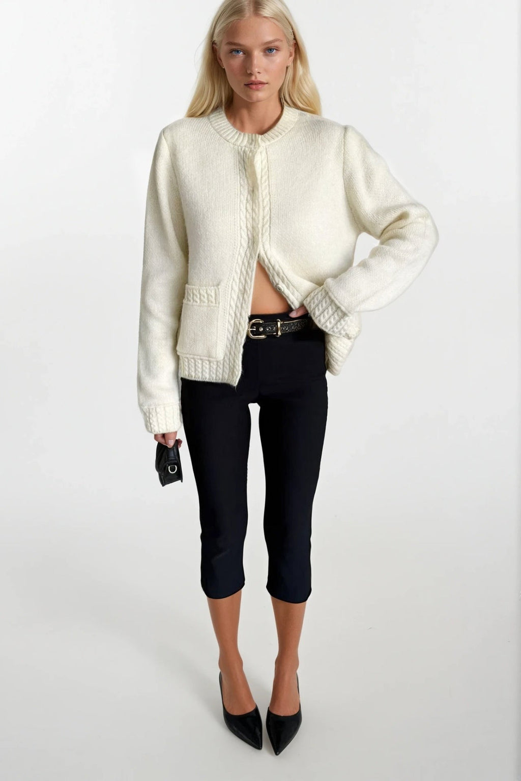 Single Pocket Snap-Button Ecru Knit Cardigan