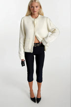 Single Pocket Snap-Button Ecru Knit Cardigan