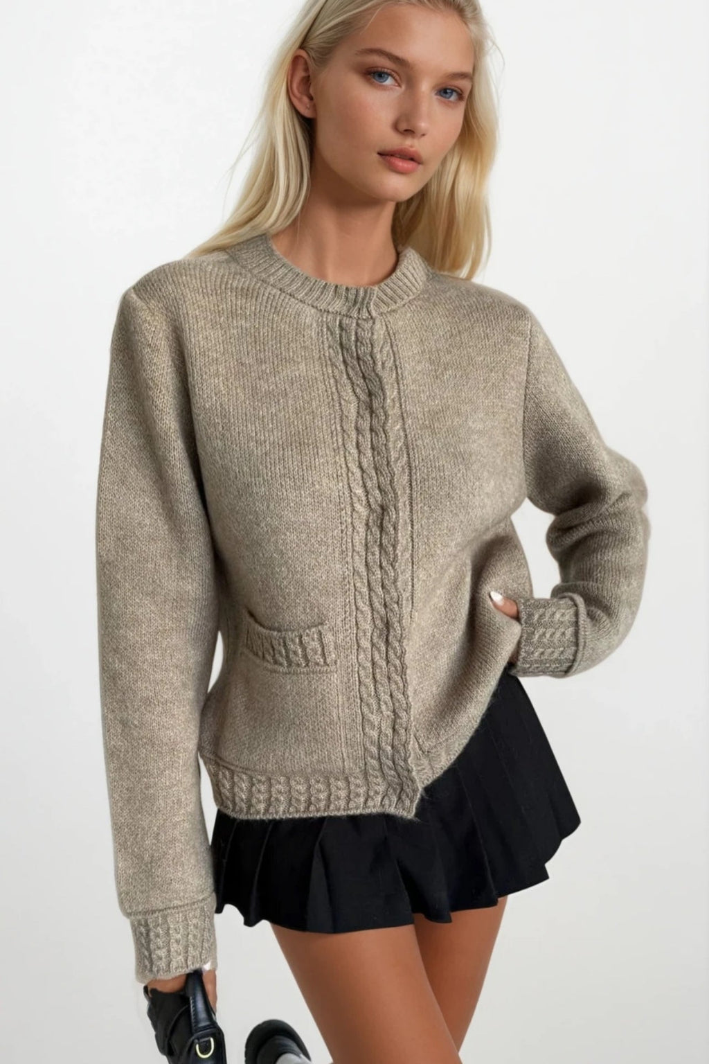 Single Pocket Snap-Button Mink Knit Cardigan