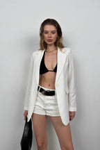 Single Buttoned White Linen Blazer