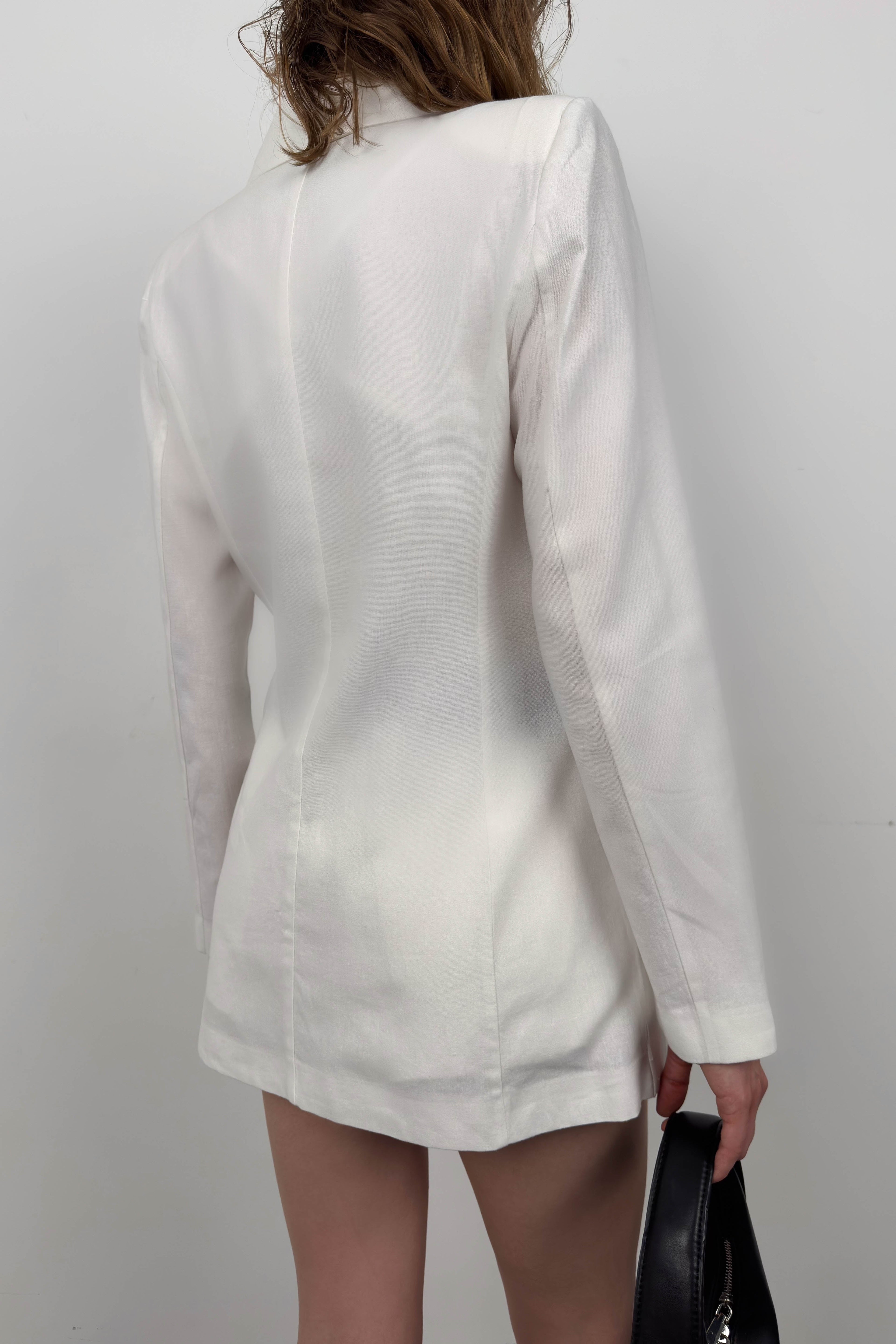 Single Buttoned White Linen Blazer