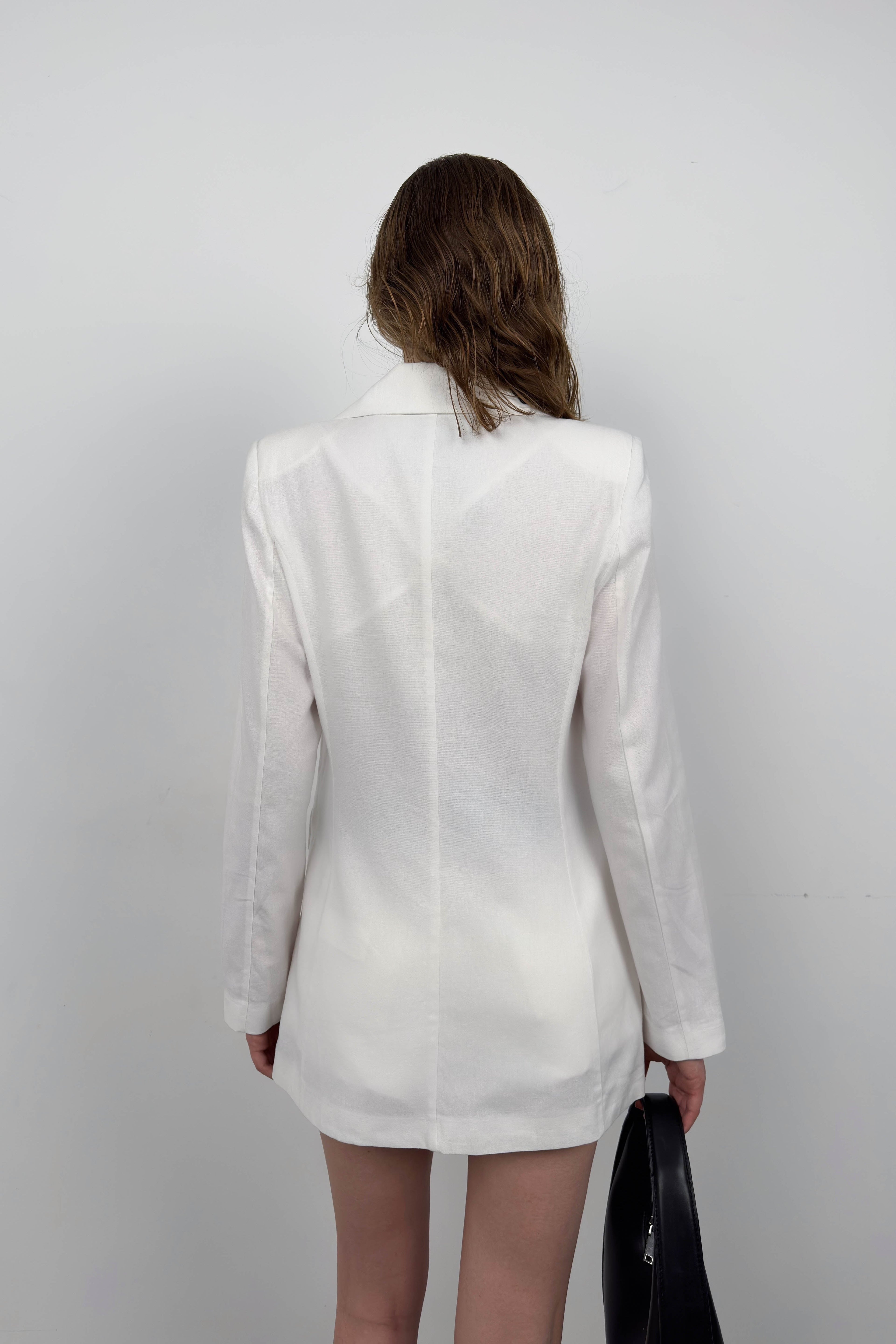 Single Buttoned White Linen Blazer
