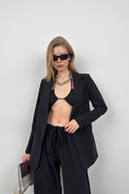 Single Button Black Linen Blazer