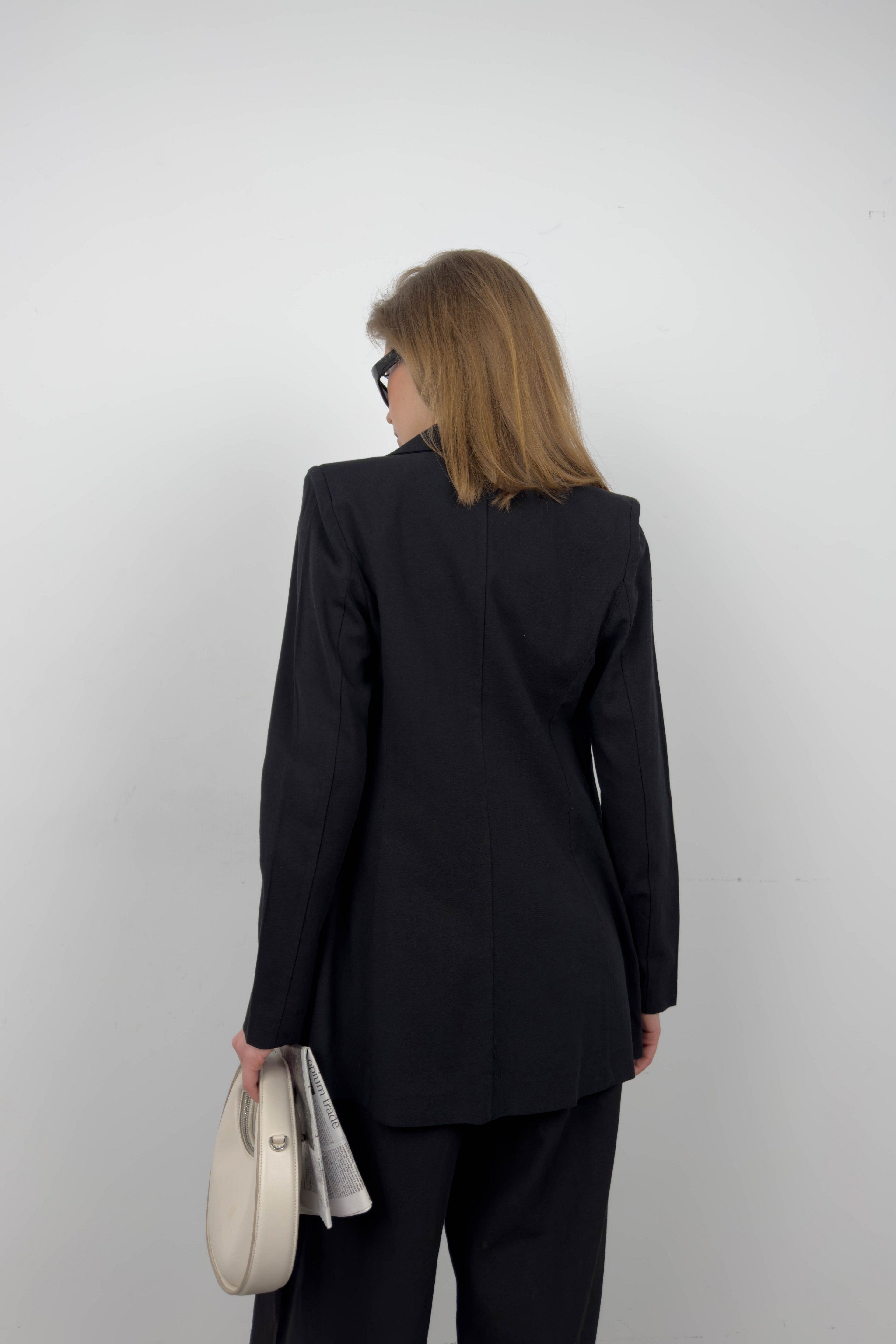 Single Button Black Linen Blazer