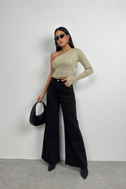 Single Sleeve Ribbed Beige Knit Blouse