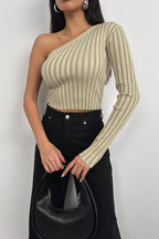Single-Sleeve Fitilli Beige Knit Blouse