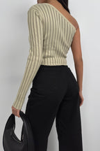 Single-Sleeve Fitilli Beige Knit Blouse