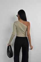Single-Sleeve Fitilli Beige Knit Blouse