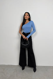 Single Sleeve Ribbed Blue Knit Blouse