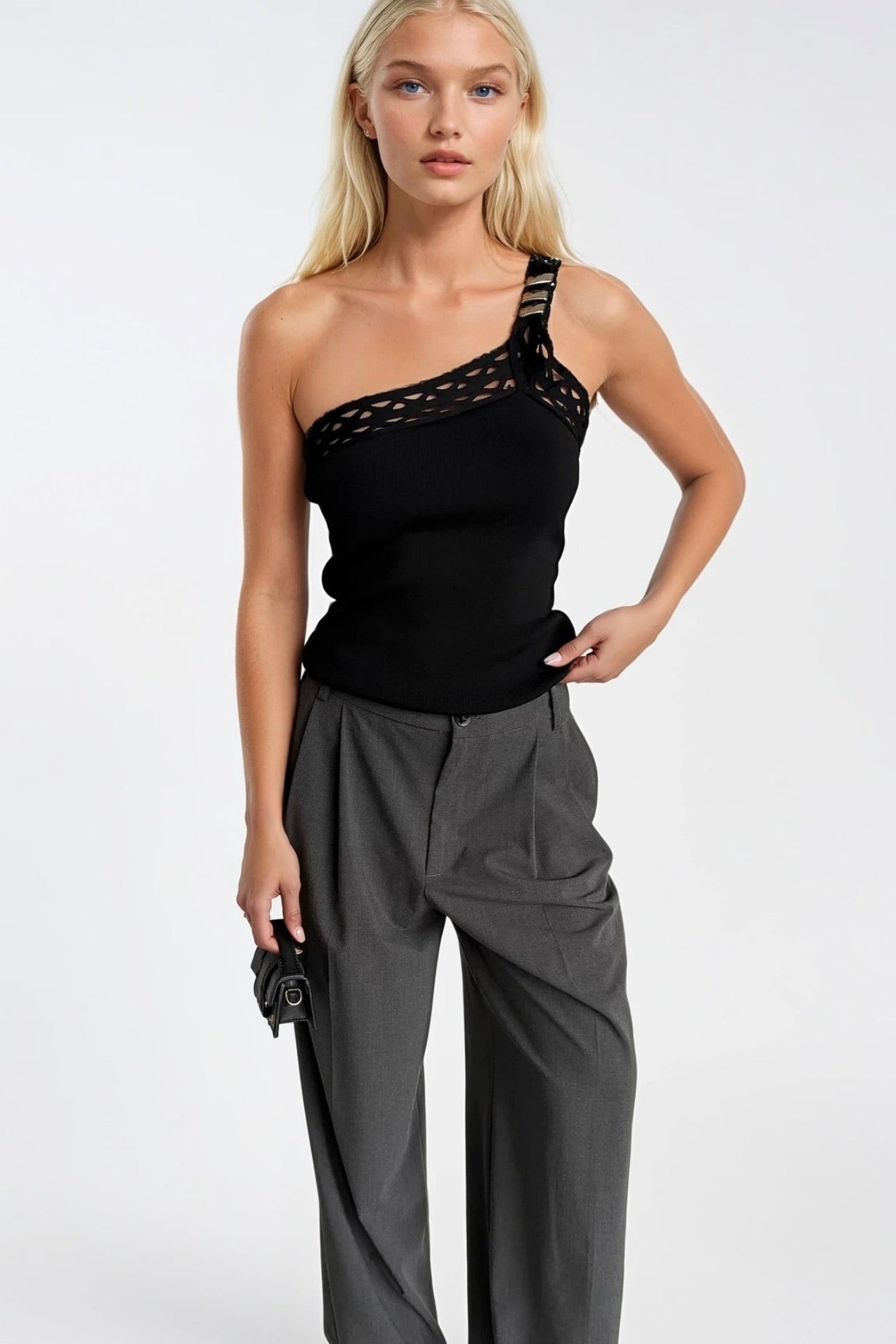 One-Shoulder Open Detail Black Knit Blouse