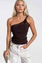One-Shoulder Open Detail Brown Knit Blouse