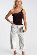 One-Shoulder Open Detail Brown Knit Blouse