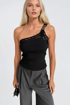 One-Shoulder Open Detail Black Knit Blouse
