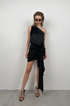 One-Shoulder Wrap Black Dress