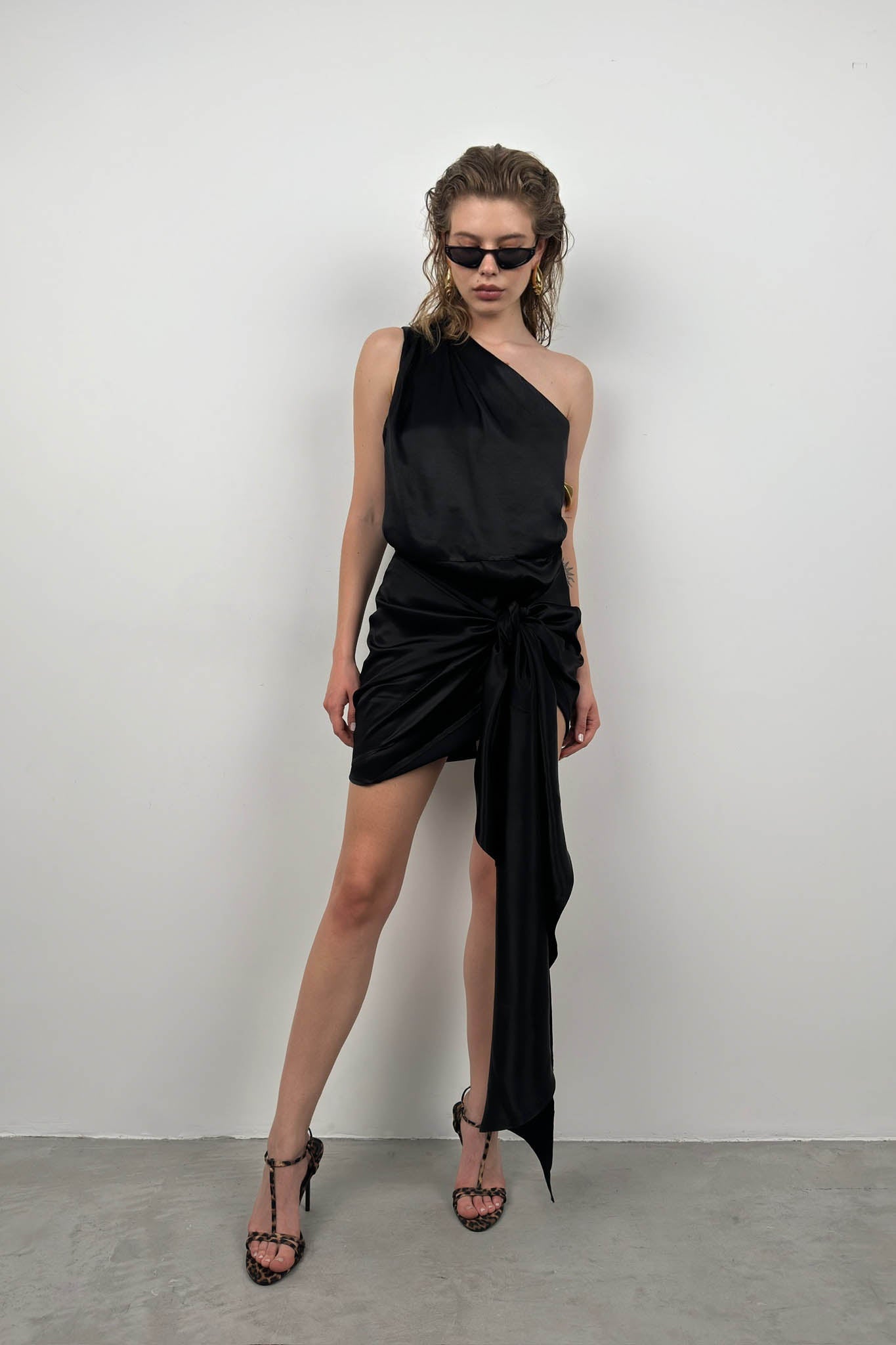 One-Shoulder Wrap Black Dress