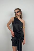 One-Shoulder Wrap Black Dress