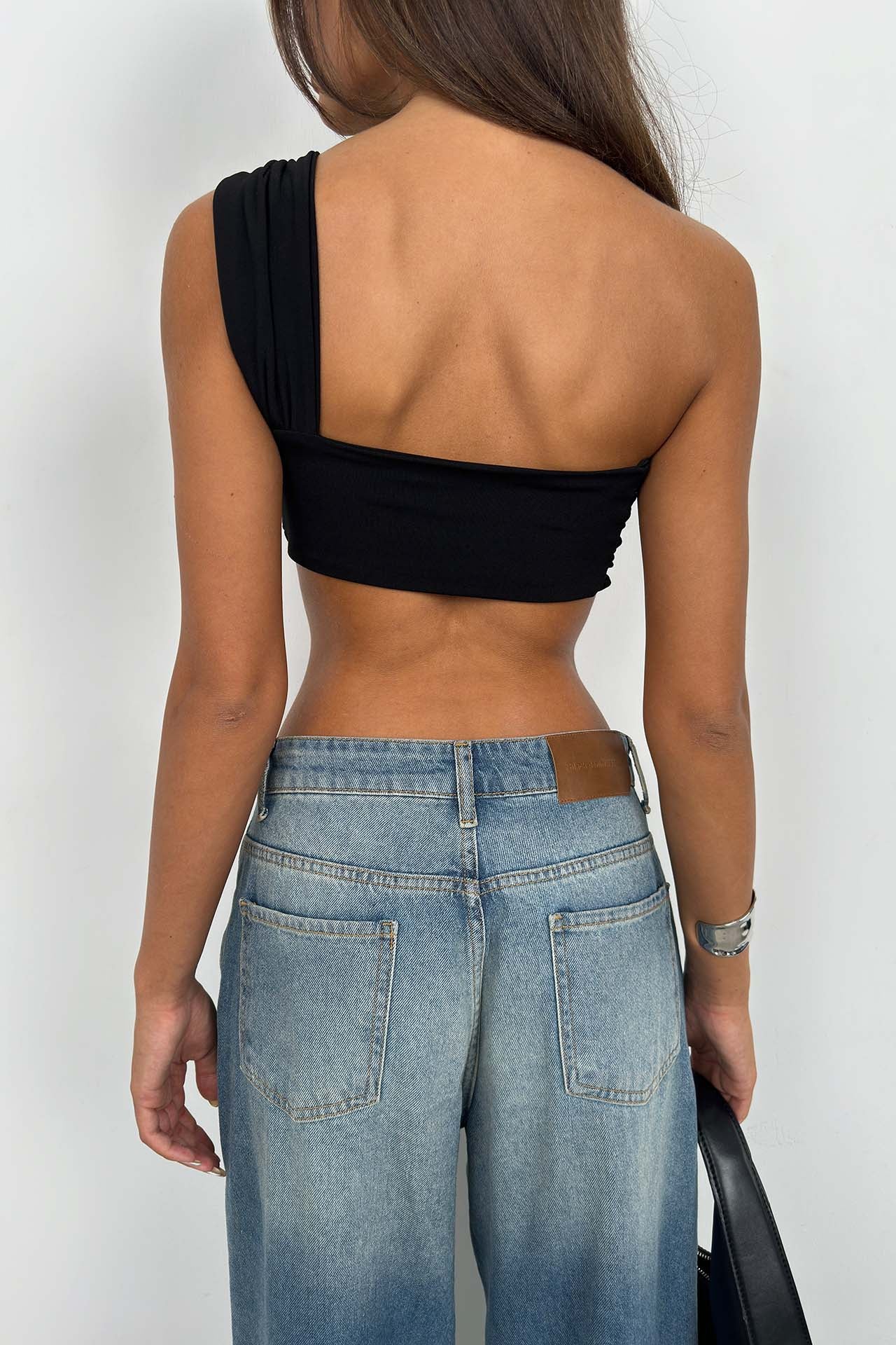 One Shoulder Asymmetric Black Bra