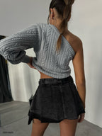 One-Shoulder Balloon Sleeve Gray Sweater