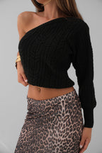 One Shoulder Balloon Sleeve Black Sweater