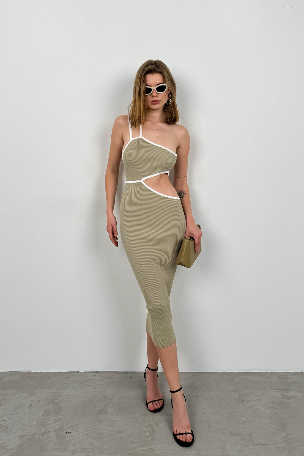 One-Shoulder Waist Cutout Beige Dress
