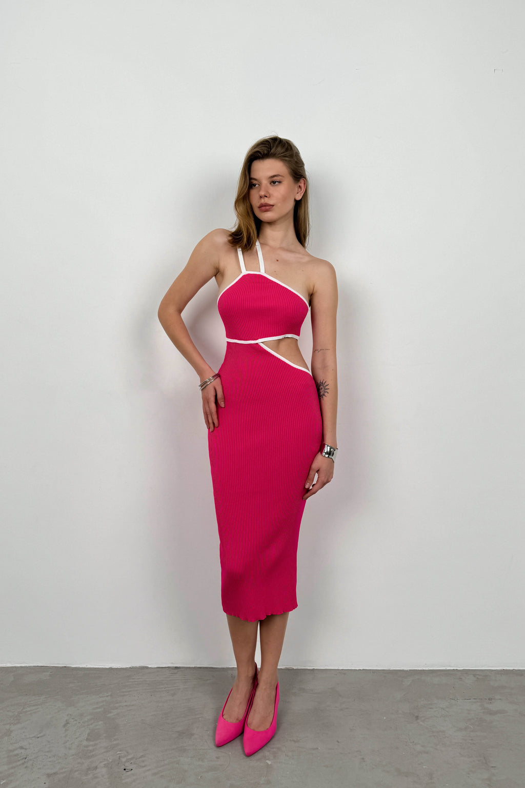 One Shoulder Waist Cutout Fuchsia Dress