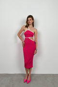One Shoulder Waist Cutout Fuchsia Dress