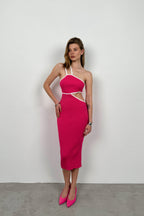 One Shoulder Waist Cutout Fuchsia Dress