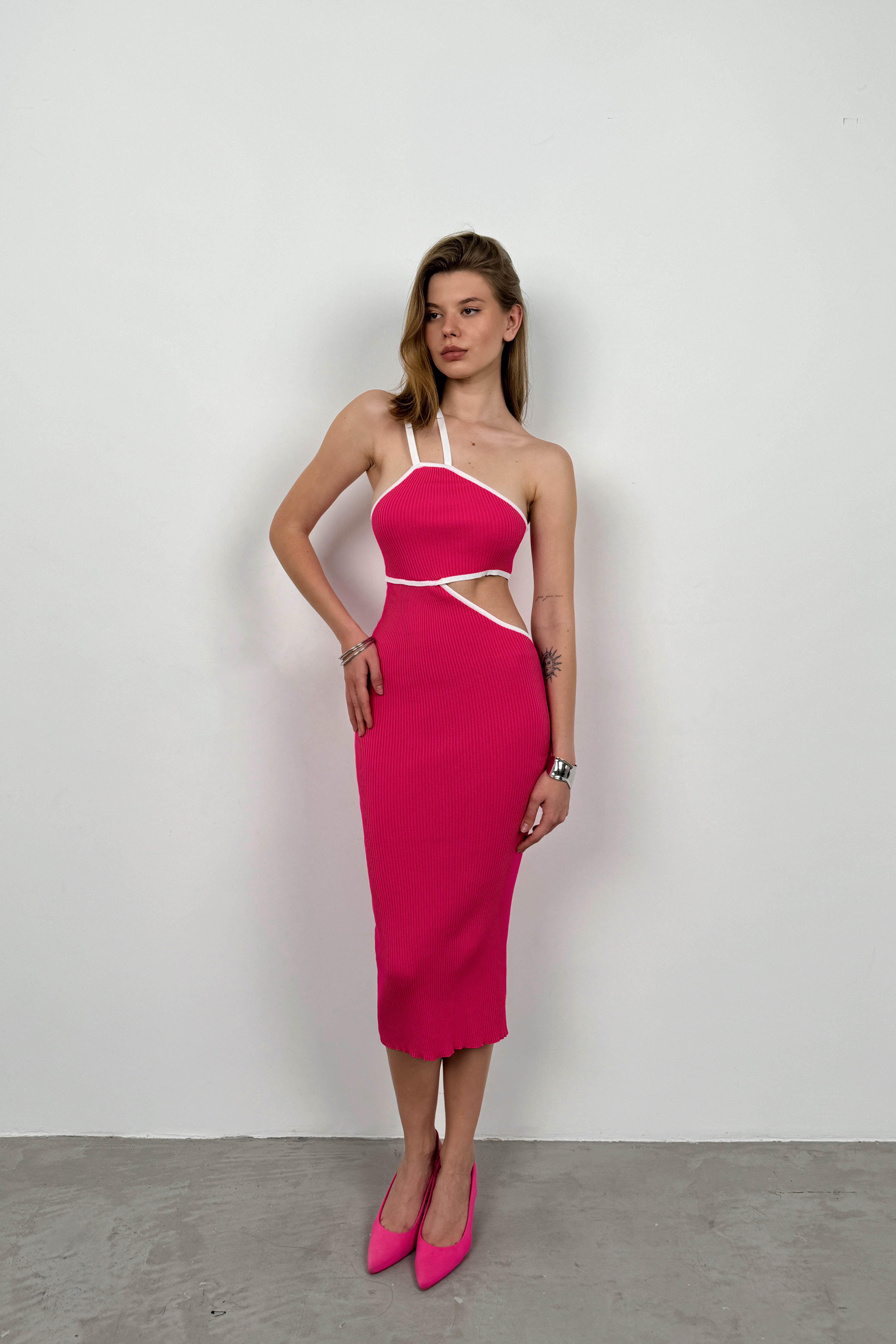 One Shoulder Waist Cutout Fuchsia Dress