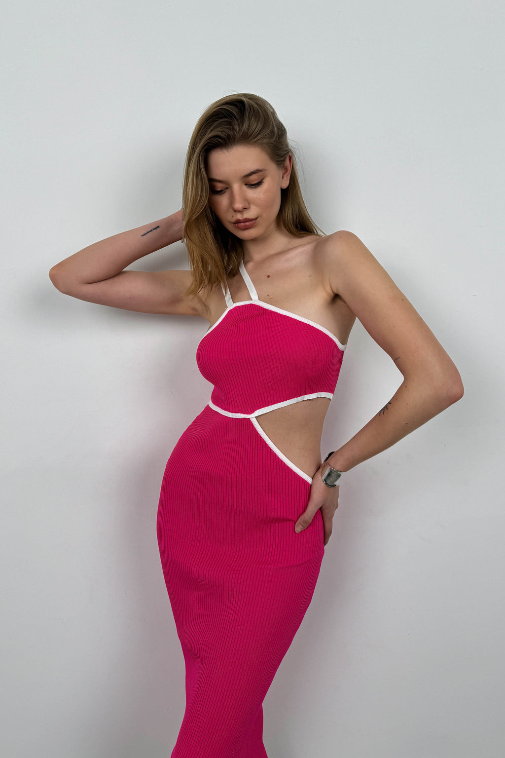 One Shoulder Waist Cutout Fuchsia Dress