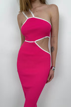 One Shoulder Waist Cutout Fuchsia Dress