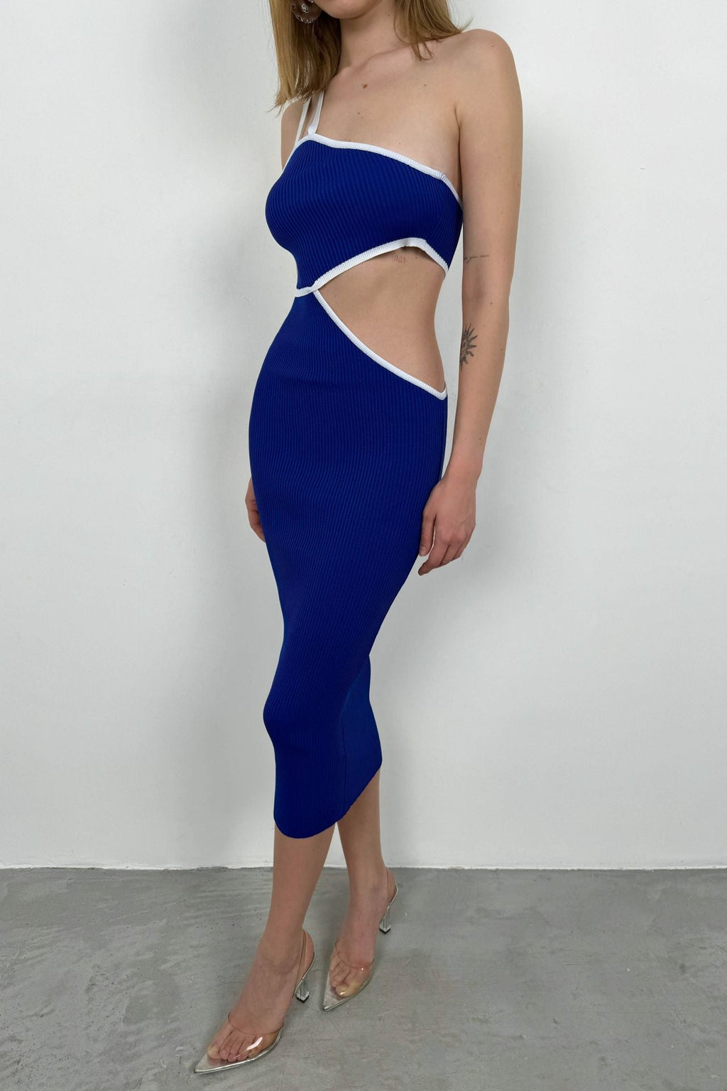 One Shoulder Waist Cutout Saxe Blue Dress