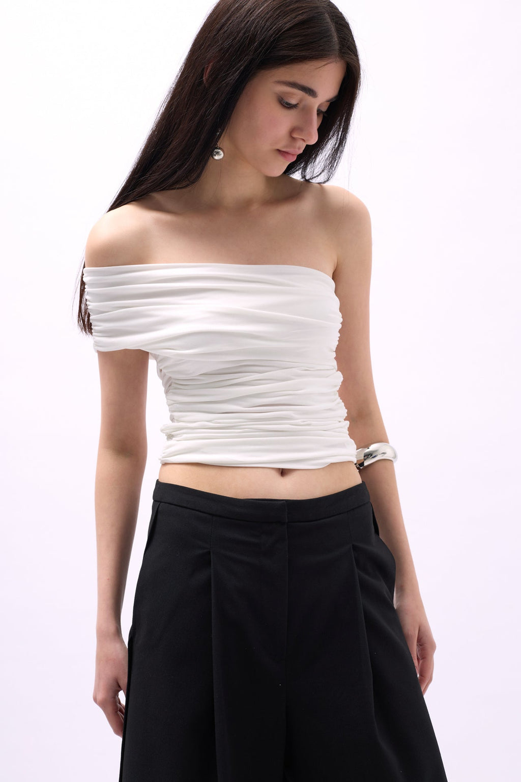 One Shoulder Ruched White Blouse