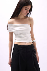One Shoulder Gathered White Blouse