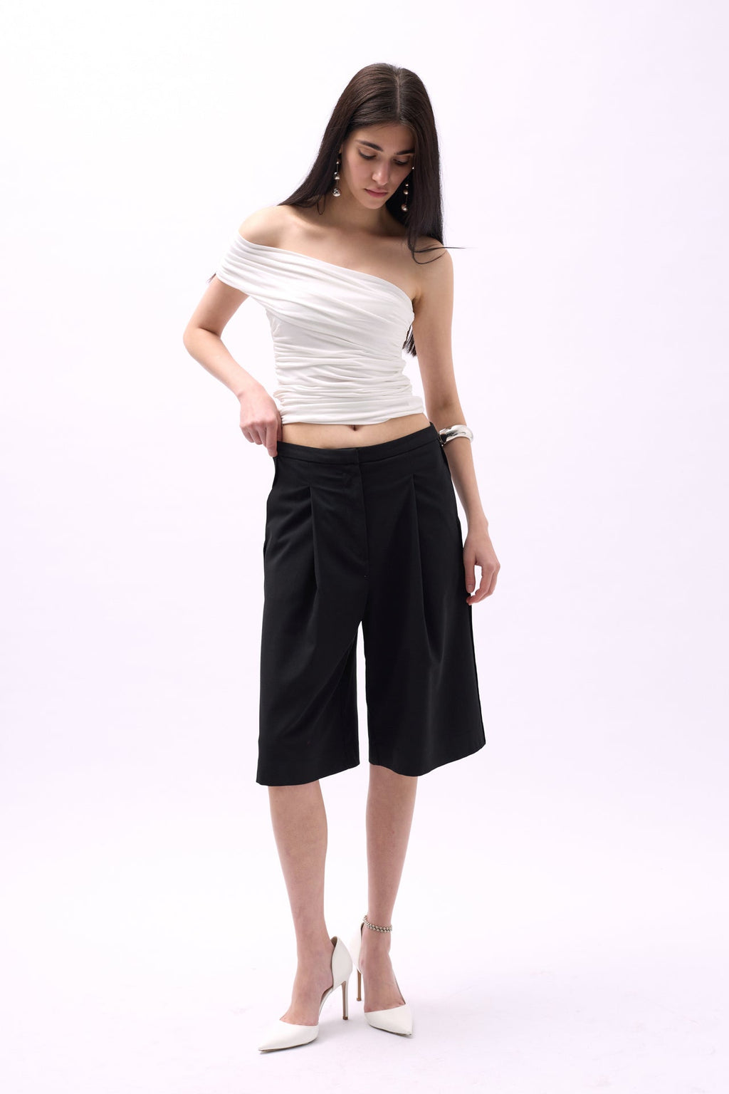 One Shoulder Ruched White Blouse