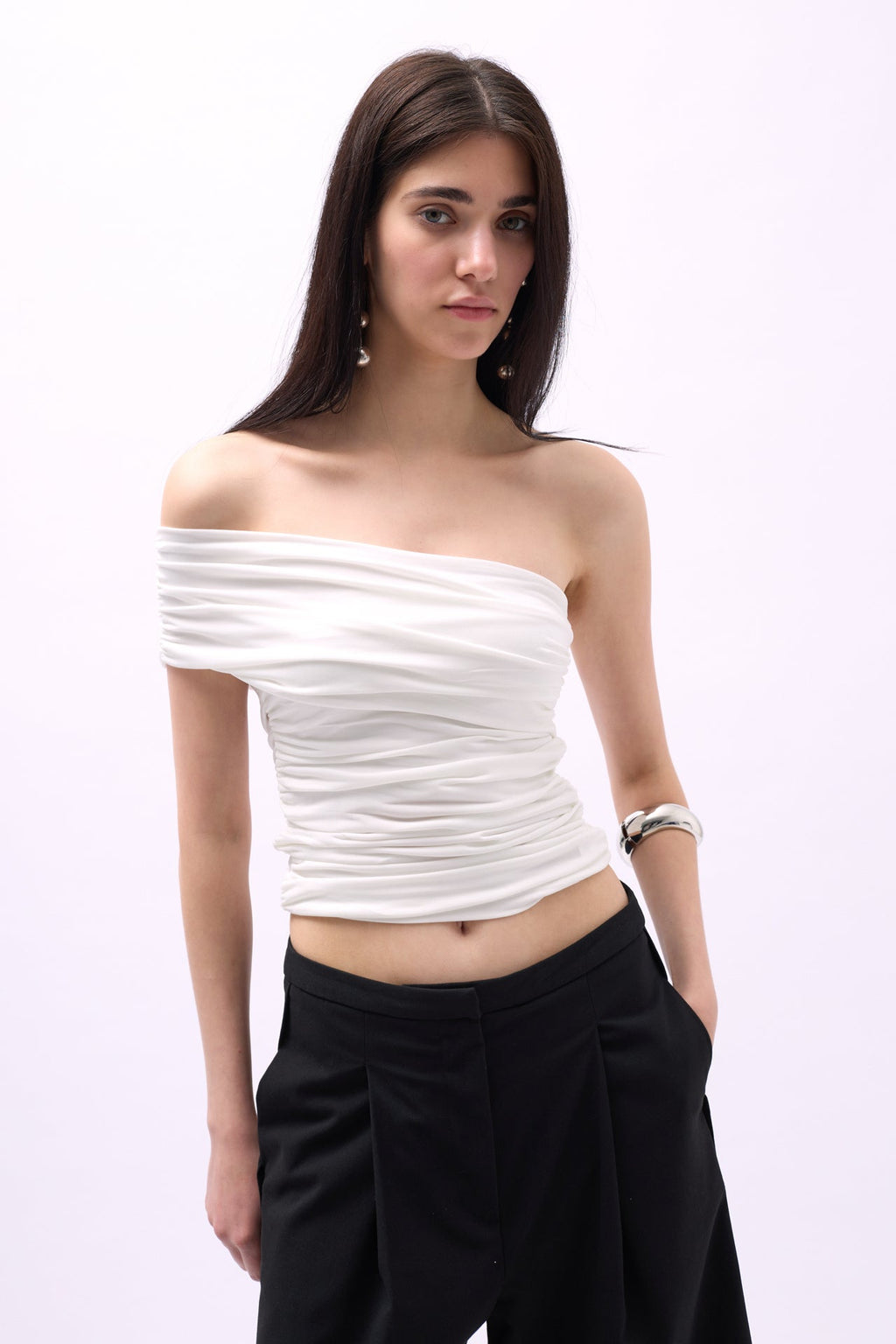 One Shoulder Ruched White Blouse
