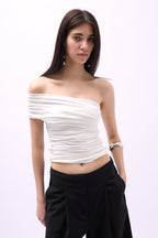 One Shoulder Ruched White Blouse