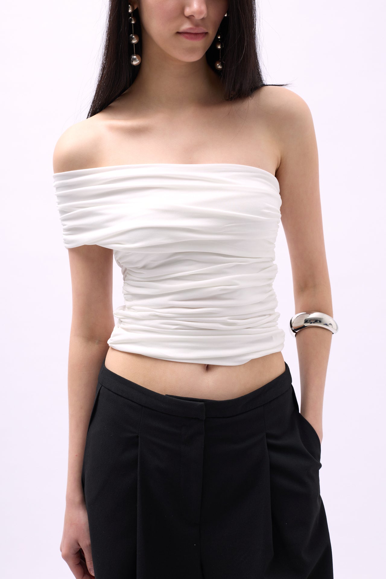 One Shoulder Ruched White Blouse