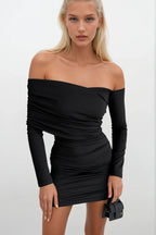One-Shoulder Ruched Black Mini Dress