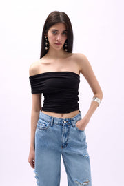 One Shoulder Gathered Black Blouse