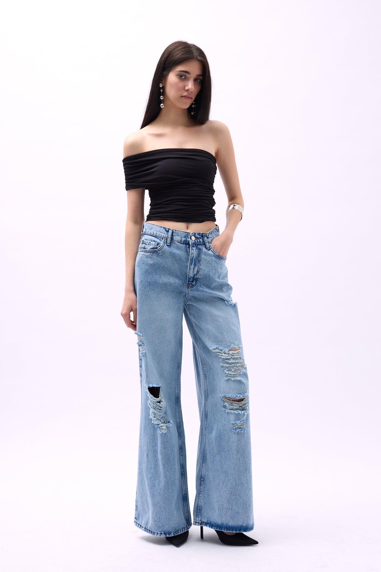 One Shoulder Ruched Black Blouse