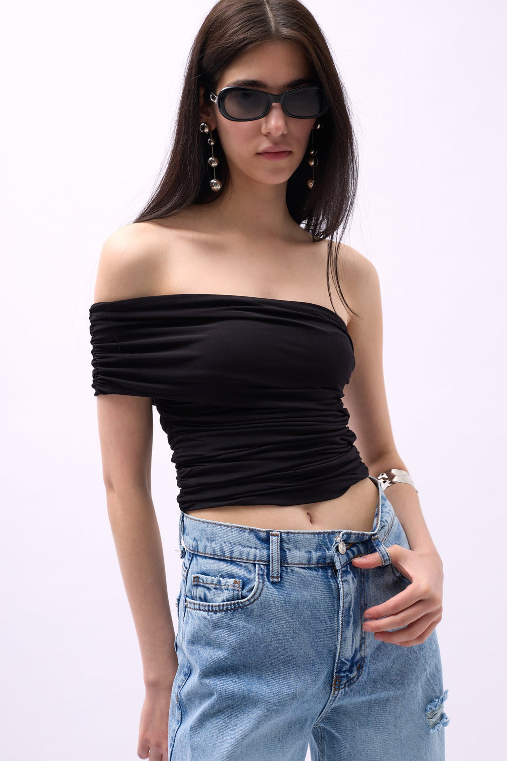 One Shoulder Ruched Black Blouse