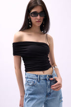 One Shoulder Ruched Black Blouse