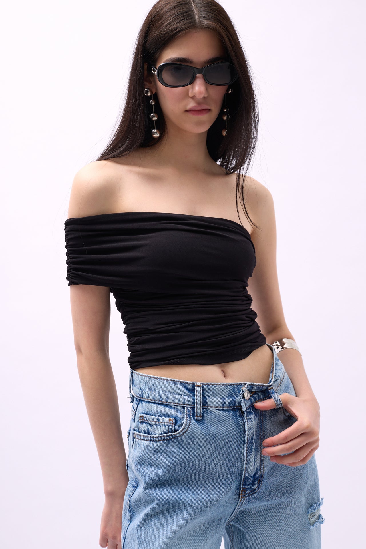 One Shoulder Ruched Black Blouse