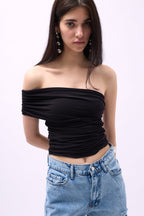 One Shoulder Ruched Black Blouse