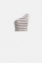 One Shoulder Striped White Brown Crop