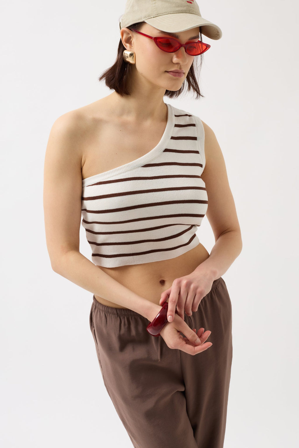 One Shoulder Striped White Brown Crop