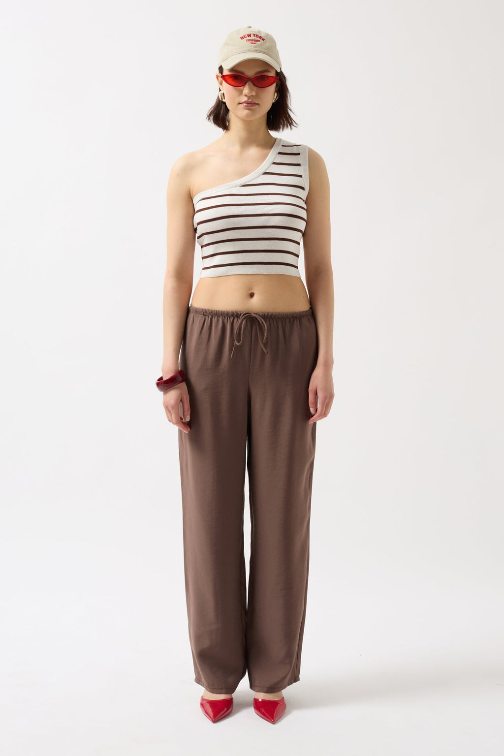 One Shoulder Striped White Brown Crop